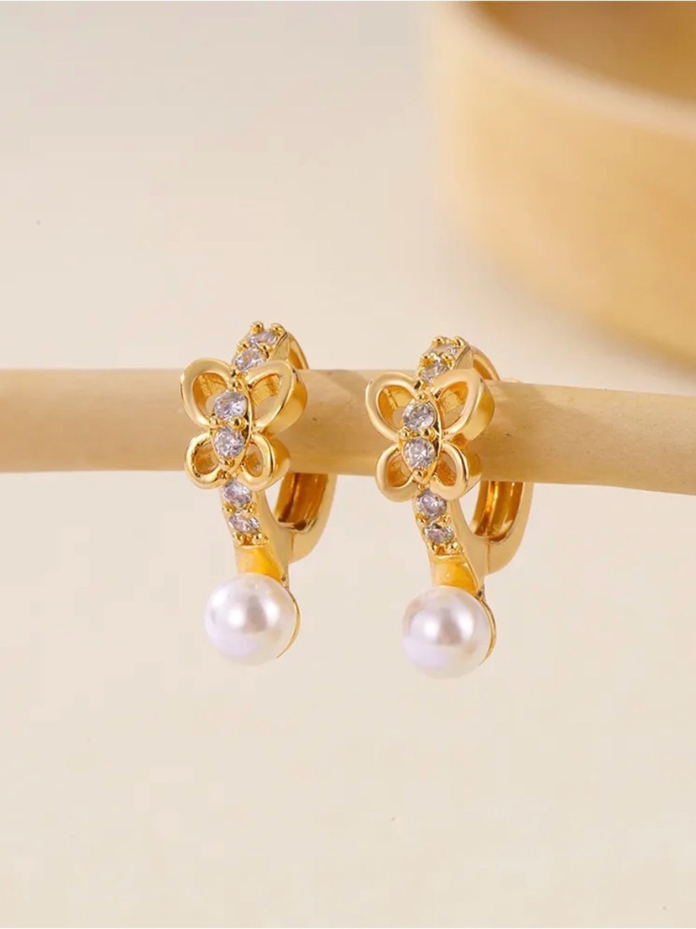 18k Gold plated Floral Pearl Drop Huggie Earrings